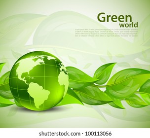 Bright background with green leaves and globe