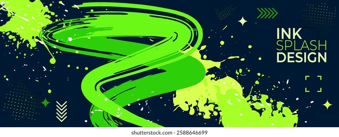 Bright background with green paint strokes. Splash of ink, splashing drops. Vector image for wallpaper, background, banner, invitation.