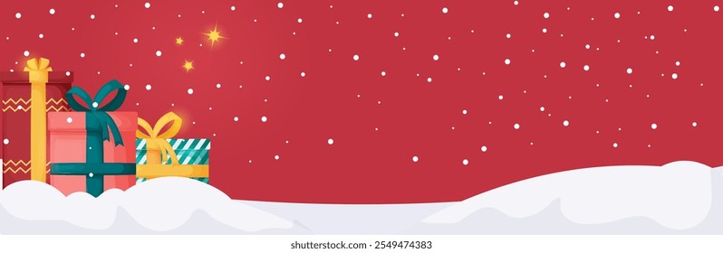 Bright background for horizontal holiday banner with gifts wrapped in beautiful packaging and tied with a bow on top. The design is perfect for posters, stores, invitations, congratulations