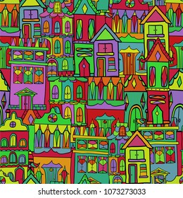 Bright background with houses.Urban architecture.Multi-storey multi-colored houses.Pattern for decoration.The topic of moving and comfort.Bright spot.Rich colors.Simple styling.Vector image.Design.