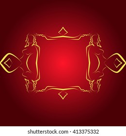 Bright background illustration with golden frame for your text performed by connecting outline sexy girls closed to each other. Vector illustration. For presentations, graphics, design, wallpaper