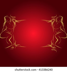 Bright background illustration with golden frame for your text performed by connecting outline sexy girls closed to each other. Vector illustration. For presentations, graphics, design, wallpaper