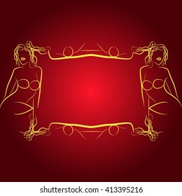 Bright background illustration with golden frame for your text performed by connecting outline sexy girls closed to each other. Vector illustration. For presentations, graphics, design, wallpaper