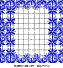 Bright  background image of blue flowers and openwork mesh in the background. vector illustration. for holiday design, postcards, presentation