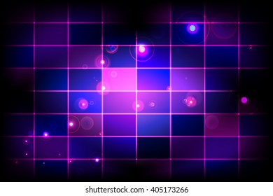 Bright background image with a square pixel grid, flares and flashes. Vector illustration. For use in printing, flyer design, wallpaper, presentations. Dark purple theme
