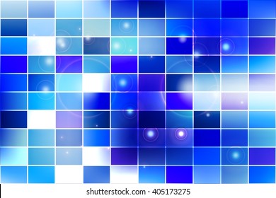 Bright background image with a square pixel grid, flares and flashes. Vector illustration. For use in printing, flyer design, wallpaper, presentations. Digital blue theme