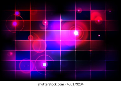 Bright background image with a square pixel grid, flares and flashes. Vector illustration. For use in printing, flyer design, wallpaper, presentations. Dark purple theme