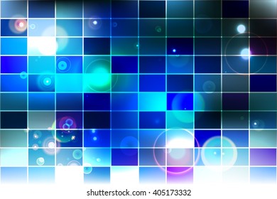 Bright background image with a square pixel grid, flares and flashes. Vector illustration. For use in printing, flyer design, wallpaper, presentations. Digital blue theme