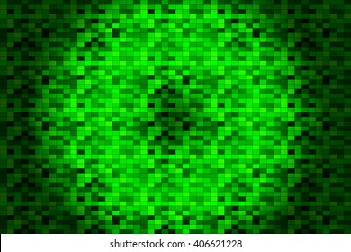  Bright background image with a square pixel grid, flares and flashes. Vector illustration. For use in printing, flyer design, wallpaper, presentations. Digital green theme
