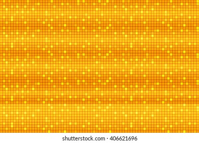 . Bright background image with a square pixel grid, flares and flashes. Vector illustration. For use in printing, flyer design, wallpaper, presentations. Digital yellow-gold theme
