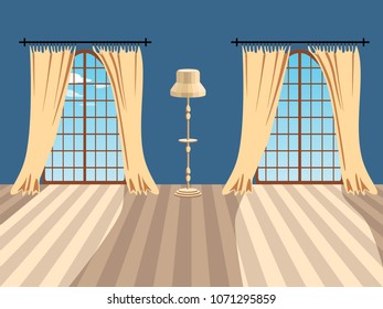 Bright background with an interior. Room with beige floor lamp. Interior items. Window with yellow curtains. Vector illustration.