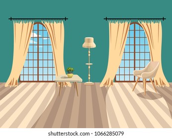 Bright background with an interior. A room with vintage white furniture and an emerald wall. Isolated interior items. Window with white curtains. Vector illustration.