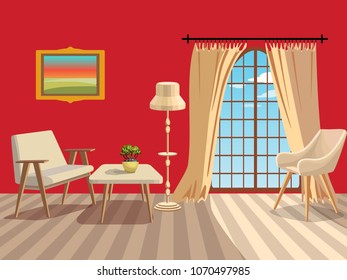 Bright background with an interior. A room with vintage white furniture and a red wall. Isolated interior items. Window with white curtains. Vector illustration.