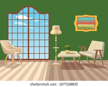 Bright background with an interior. A room with vintage white furniture and a green wall. Isolated interior items. The window is blue sky. Vector illustration.

