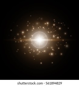 Bright background with light rays. Lens flare vector on a black backdrop