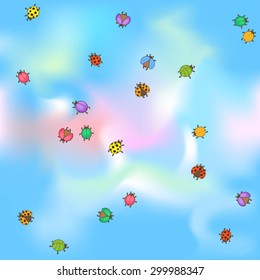Bright background with little beetles / There is blue seamless background with gentle swirls and little colorful beetles flying over it