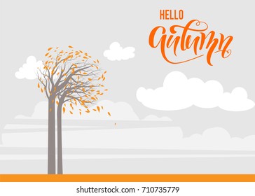 Bright background with maple autumn maple leaves. Silhouette of tree trunks and falling leaves. Place for text