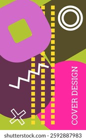 Bright background in Memphis style. Geometric cover design. Fashionable bright cover, banner, poster, booklet. Bright colors. Vector