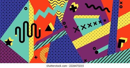 Bright background in memphis style. Pattern with geometric shapes for decor and design. vector illustration.