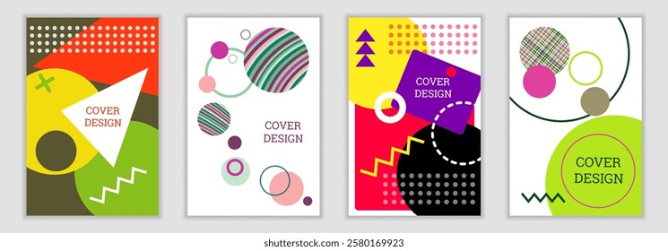 Bright background in Memphis style. Set of geometric cover designs. Fashionable bright cover, banner, poster, booklet. Bright colors. Vector