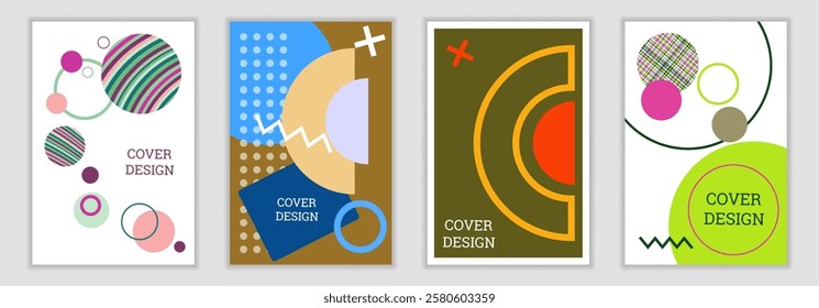 Bright background in Memphis style. Set of geometric cover designs. Fashionable bright cover, banner, poster, booklet. Bright colors. Vector
