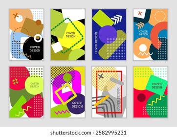 Bright background in Memphis style. Set of geometric cover designs. Fashionable bright cover, banner, poster, booklet. Bright colors. Vector