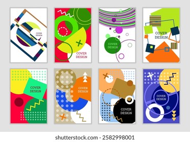 Bright background in Memphis style. Set of geometric cover designs. Fashionable bright cover, banner, poster, booklet. Bright colors. Vector