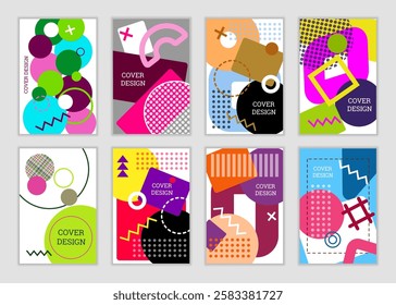 Bright background in Memphis style. Set of geometric cover designs. Fashionable bright cover, banner, poster, booklet. Bright colors. Vector