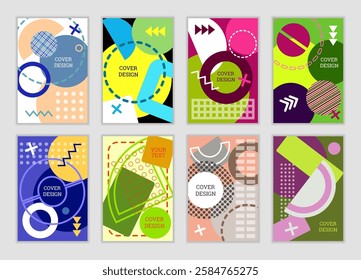 Bright background in Memphis style. Set of geometric cover designs. Fashionable bright cover, banner, poster, booklet. Bright colors. Vector