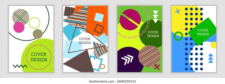 Bright background in Memphis style. Set of geometric cover designs. Fashionable bright cover, banner, poster, booklet. Bright colors. Vector