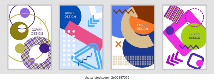 Bright background in Memphis style. Set of geometric cover designs. Fashionable bright cover, banner, poster, booklet. Bright colors. Vector