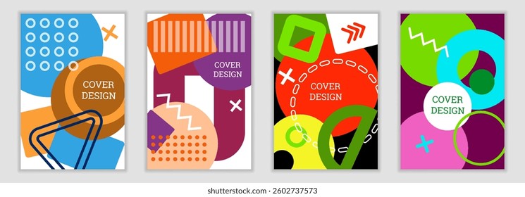 Bright background in Memphis style. Set of geometric cover designs. Fashionable bright cover, banner, poster, booklet. Bright colors. Vector