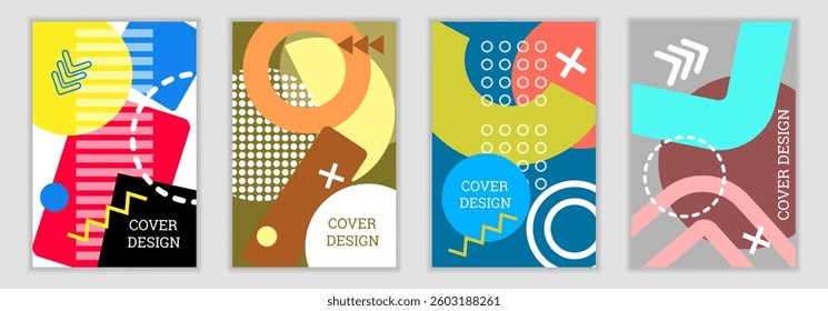 Bright background in Memphis style. Set of geometric cover designs. Fashionable bright cover, banner, poster, booklet. Bright colors. Vector