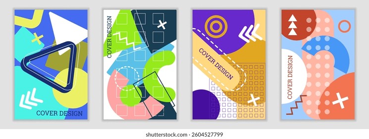 Bright background in Memphis style. Set of geometric cover designs. Fashionable bright cover, banner, poster, booklet. Bright colors. Vector