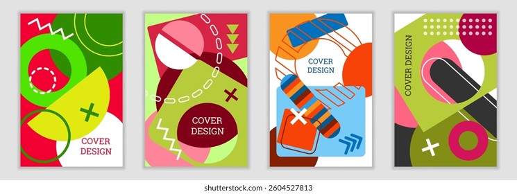 Bright background in Memphis style. Set of geometric cover designs. Fashionable bright cover, banner, poster, booklet. Bright colors. Vector