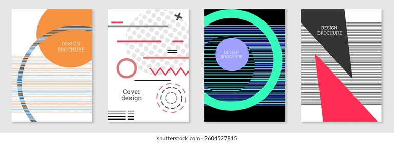 Bright background in Memphis style. Set of geometric cover designs. Fashionable bright cover, banner, poster, booklet. Bright colors. Vector