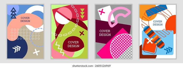 Bright background in Memphis style. Set of geometric cover designs. Fashionable bright cover, banner, poster, booklet. Bright colors. Vector