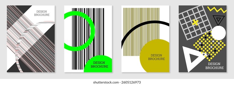 Bright background in Memphis style. Set of geometric cover designs. Fashionable bright cover, banner, poster, booklet. Bright colors. Vector