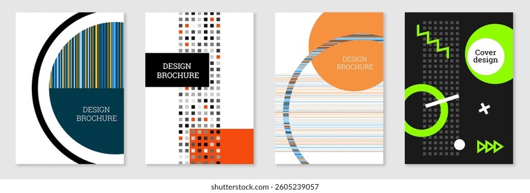 Bright background in Memphis style. Set of geometric cover designs. Fashionable bright cover, banner, poster, booklet. Bright colors. Vector