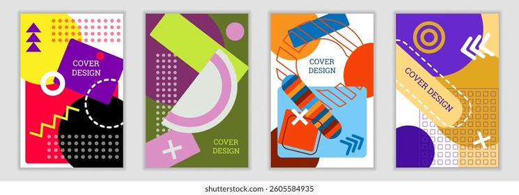 Bright background in Memphis style. Set of geometric cover designs. Fashionable bright cover, banner, poster, booklet. Bright colors. Vector