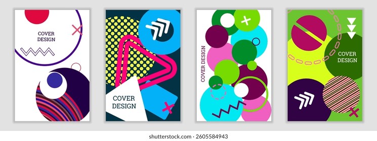 Bright background in Memphis style. Set of geometric cover designs. Fashionable bright cover, banner, poster, booklet. Bright colors. Vector