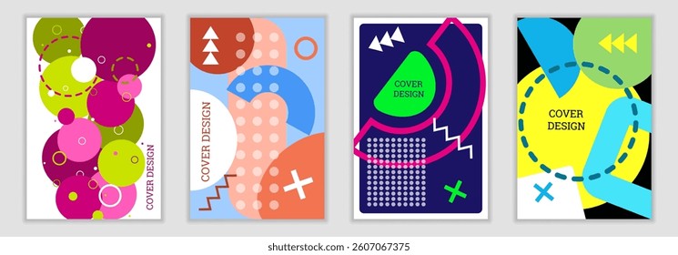 Bright background in Memphis style. Set of geometric cover designs. Fashionable bright cover, banner, poster, booklet. Bright colors. Vector