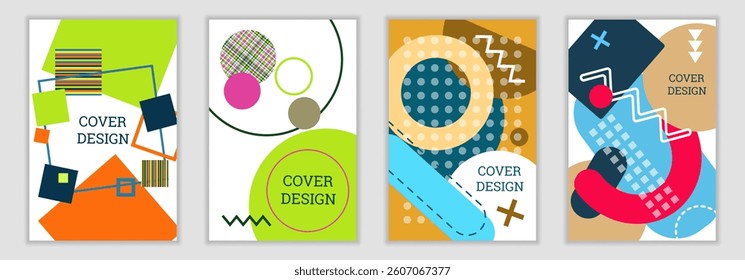 Bright background in Memphis style. Set of geometric cover designs. Fashionable bright cover, banner, poster, booklet. Bright colors. Vector