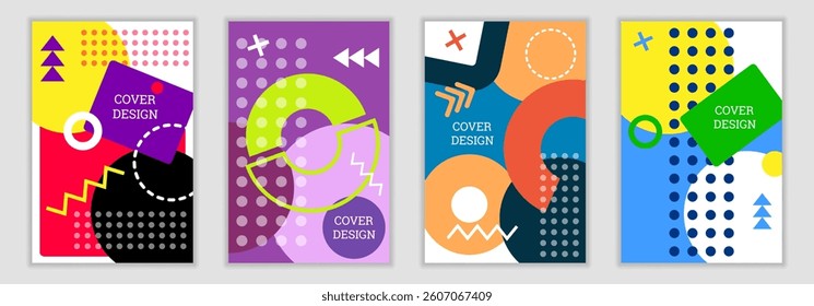 Bright background in Memphis style. Set of geometric cover designs. Fashionable bright cover, banner, poster, booklet. Bright colors. Vector
