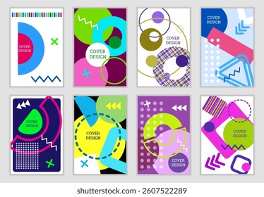 Bright background in Memphis style. Set of geometric cover designs. Fashionable bright cover, banner, poster, booklet. Bright colors. Vector