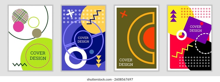 Bright background in Memphis style. Set of geometric cover designs. Fashionable bright cover, banner, poster, booklet. Bright colors. Vector