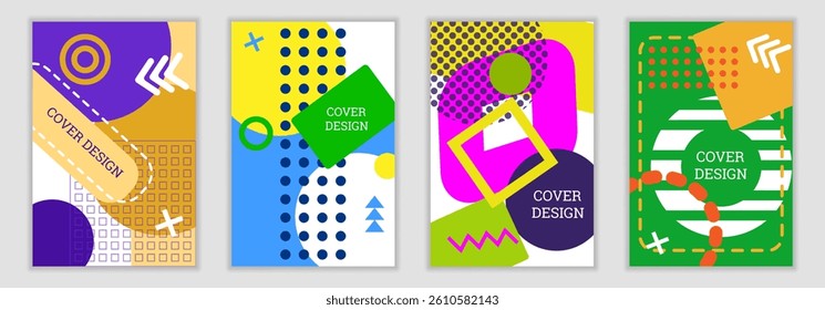 Bright background in Memphis style. Set of geometric cover designs. Fashionable bright cover, banner, poster, booklet. Bright colors. Vector