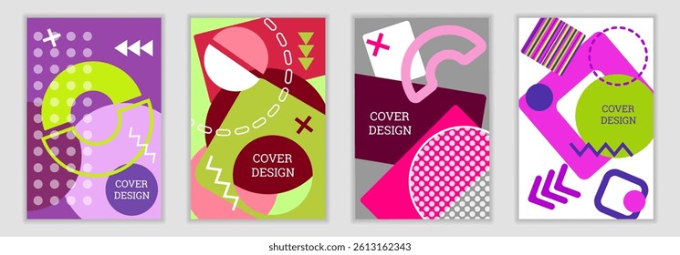Bright background in Memphis style. Set of geometric cover designs. Fashionable bright cover, banner, poster, booklet. Bright colors. Vector