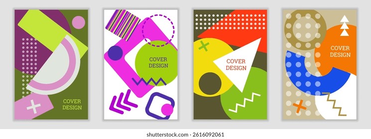 Bright background in Memphis style. Set of geometric cover designs. Fashionable bright cover, banner, poster, booklet. Bright colors. Vector