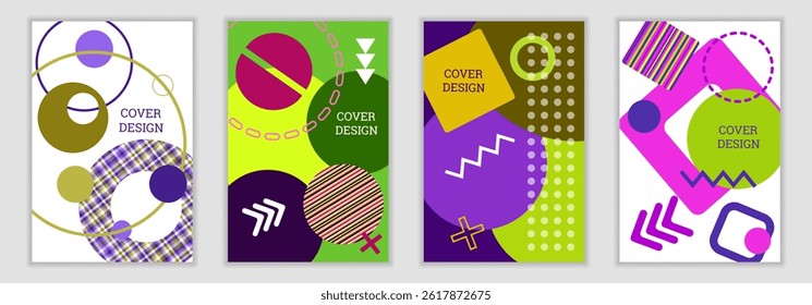 Bright background in Memphis style. Set of geometric cover designs. Fashionable bright cover, banner, poster, booklet. Bright colors. Vector